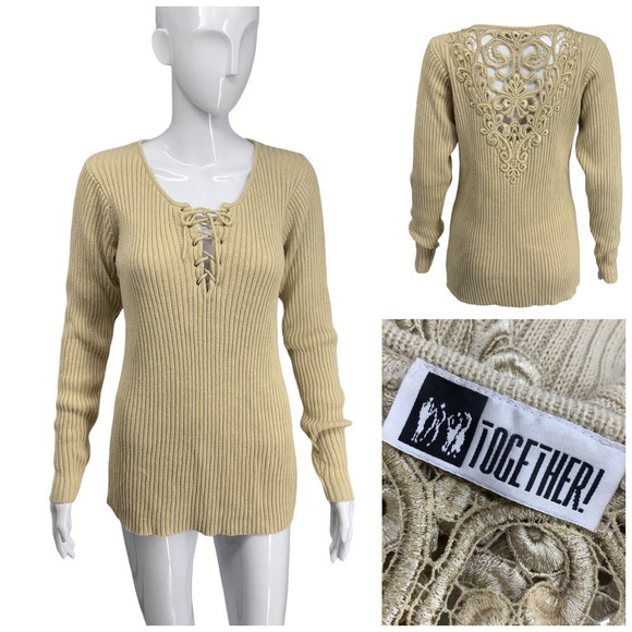 Together Sweaters - Vintage 1990s Together! Sz S Tan Sweater Ribbed Knit Lace Front Lace Back Panel